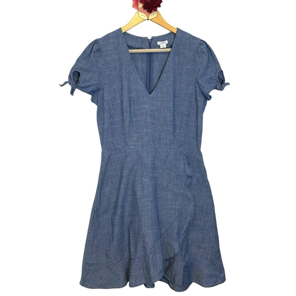 J.Crew dress blue chambray v neck ruffle wrap hem lightweight mini size 4